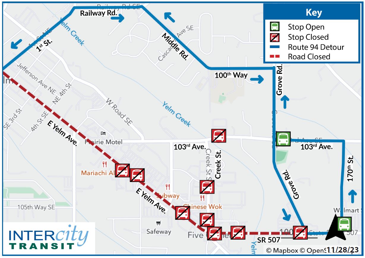 Route 94 will be on detour from 9 a.m. 12 p.m. on Saturday, Dec. 2